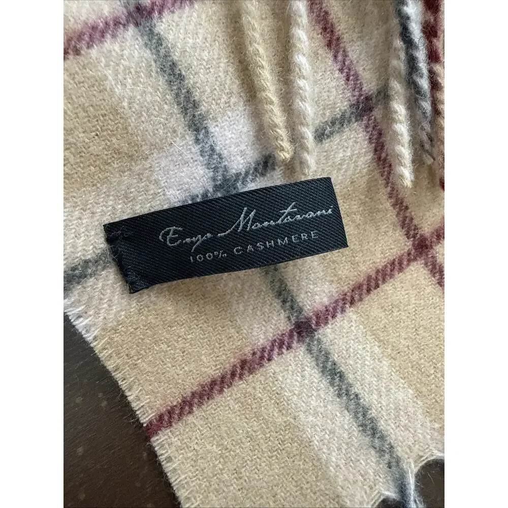 Enzo Montanani 100% Cashmere Nova Check Plaid Fringe Scarf 11.5” x 72” Preppy
